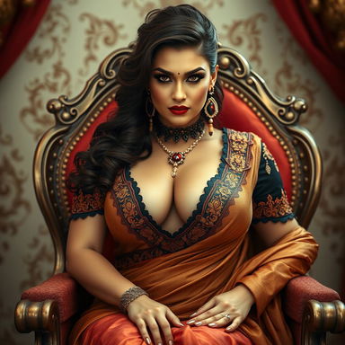 A captivating and voluptuous woman with an hourglass figure sitting elegantly in a regal chair