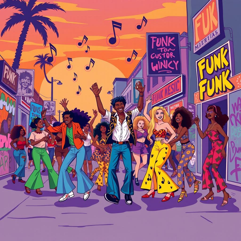 A vibrant and lively illustration capturing the essence of funk music culture