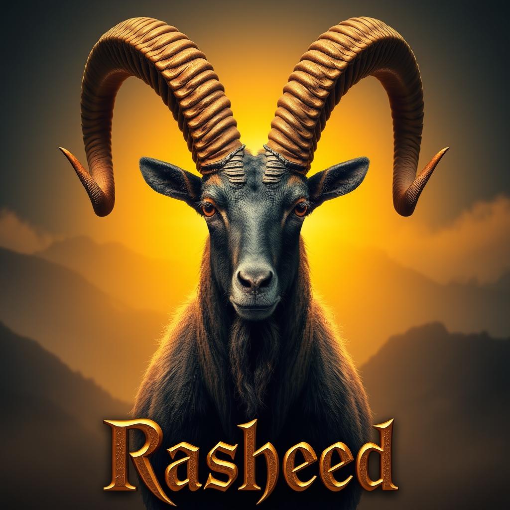 A majestic Markhor goat with large, intricate spiral horns adorned with golden metallic highlights and hyper-detailed fur, facing forward with a powerful and captivating gaze