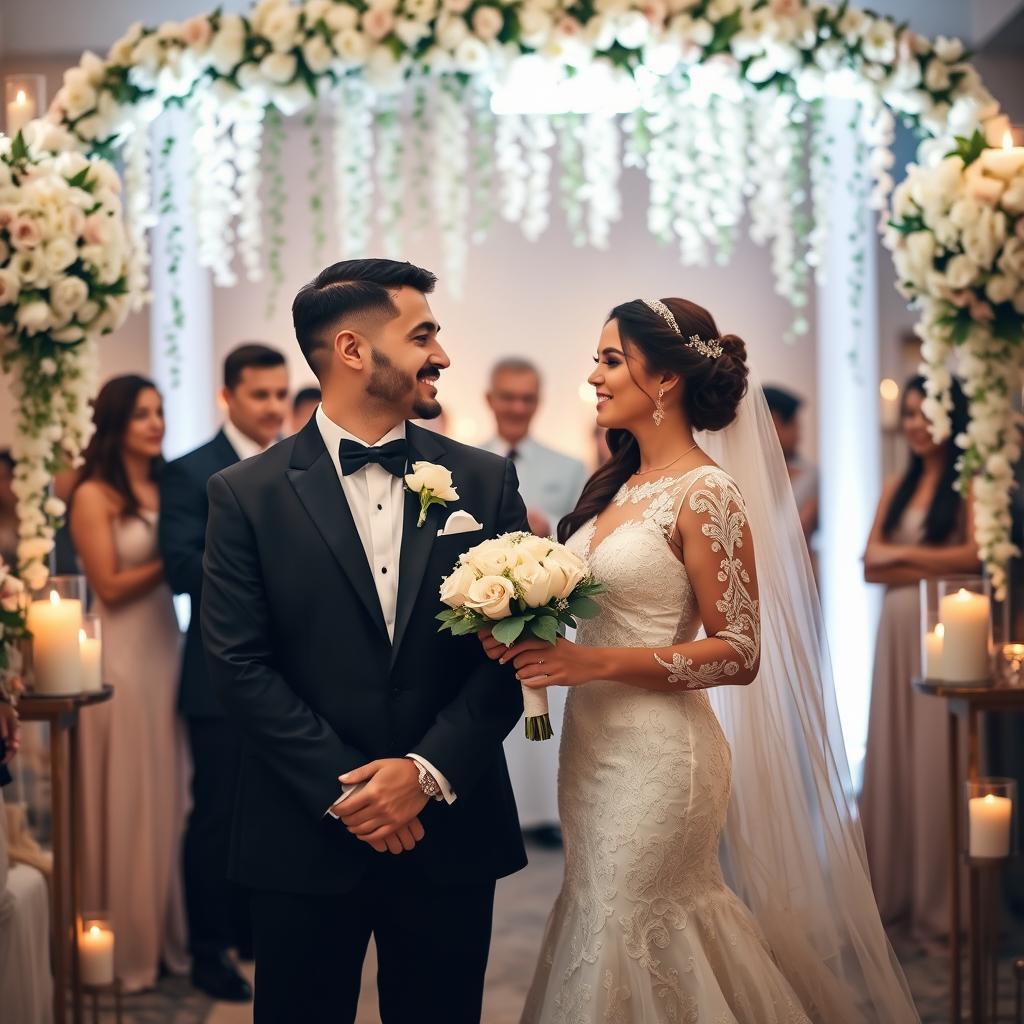 A beautiful scene depicting a couple in an elegant wedding setting, surrounded by soft floral arrangements and warm candlelight