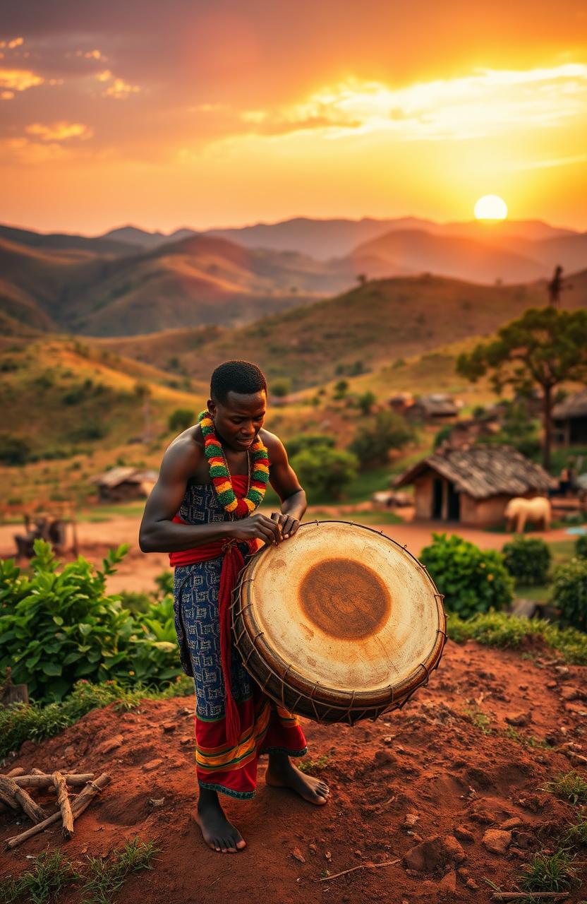 A vibrant African landscape showcasing traditional elements, with rolling hills in the background and a warm sunset illuminating the scene
