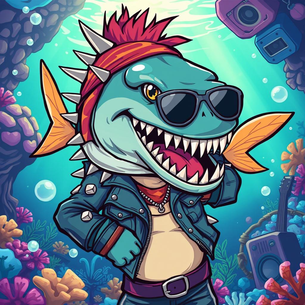A bold and vibrant cartoon illustration of a strong rocker piranha