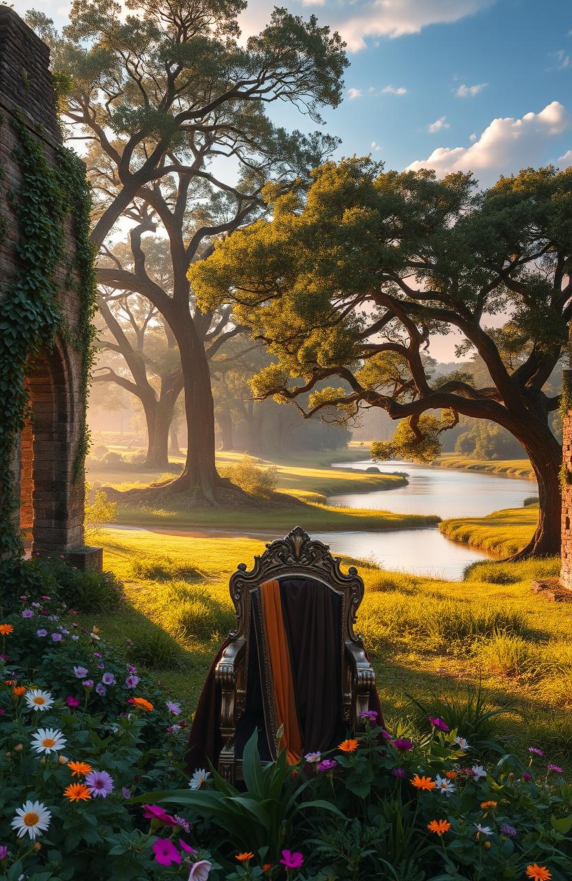 A majestic landscape showcasing the ruins of a once-great kingdom in Savannah, with lush greenery, ancient stone structures overrun by vines, and vibrant flowers