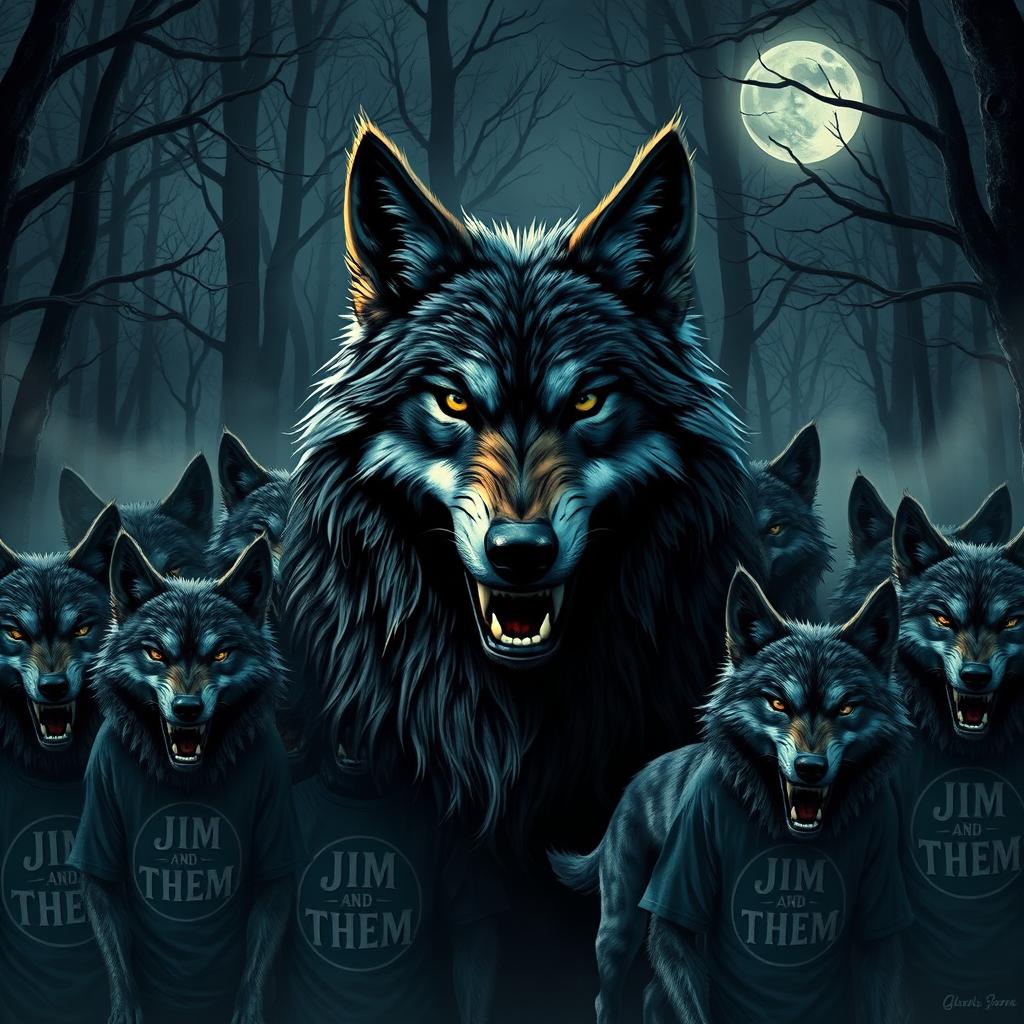 A realistic depiction of a majestic wolf, surrounded by a pack of scary wolves all wearing quirky Jim and them t-shirts