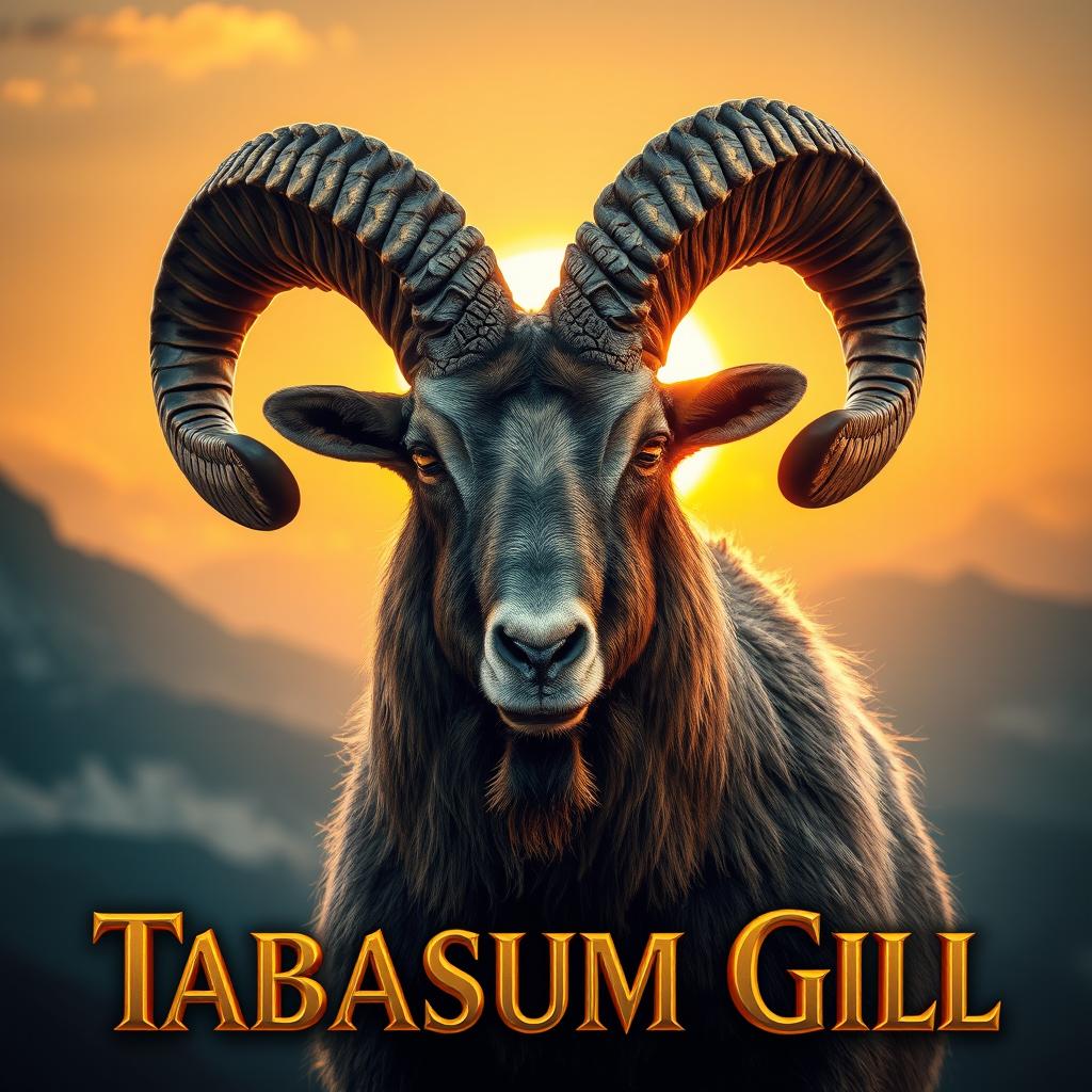 A majestic Markhor goat with large, intricate spiral horns adorned with stunning golden metallic highlights