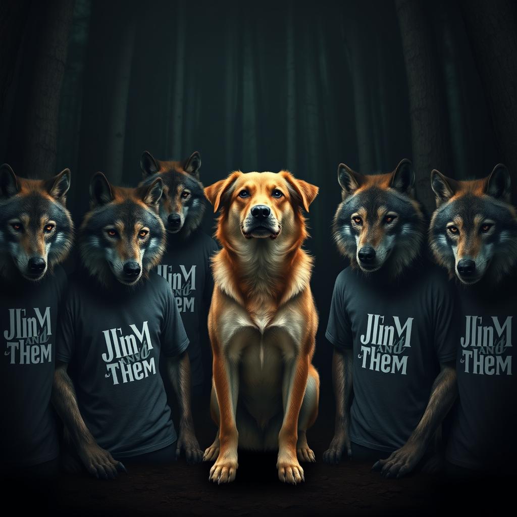 A realistic scene depicting a dog standing confidently in the center, surrounded by several scary wolves