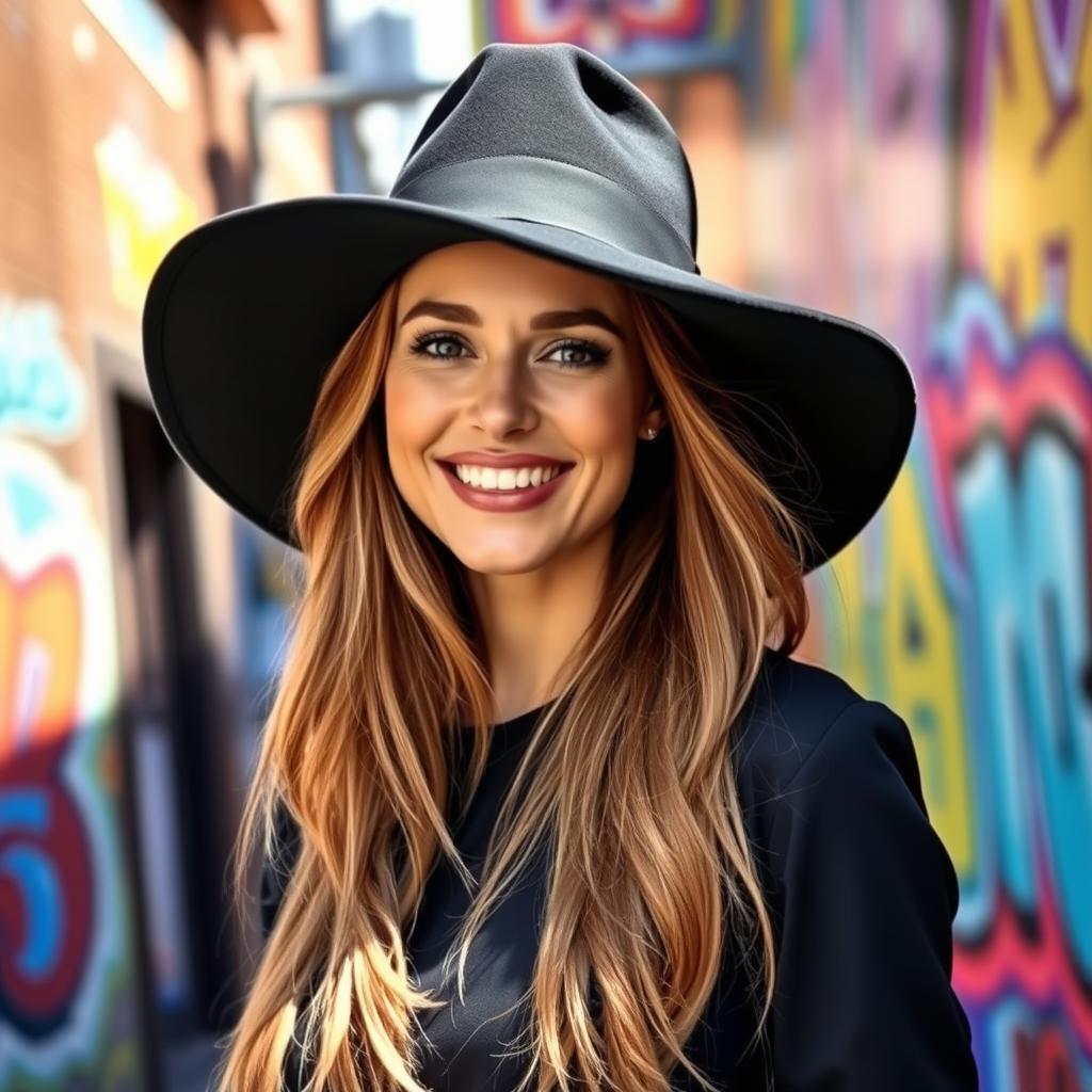 A fashionable woman wearing a stylish black hat, standing confidently against a vibrant urban backdrop