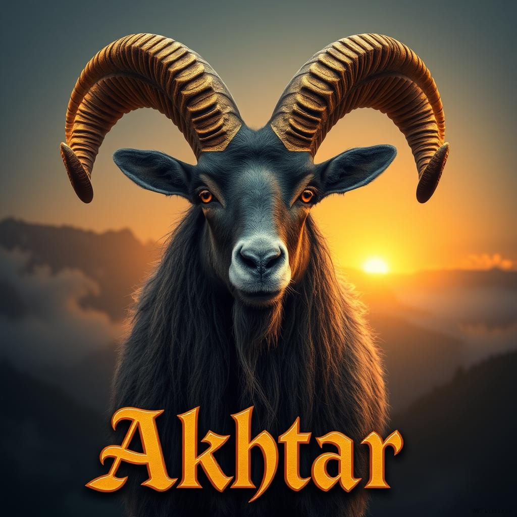 A majestic Markhor goat with large, intricate spiral horns adorned with golden metallic highlights