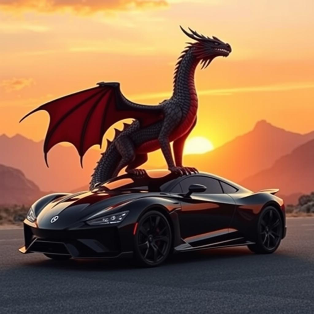 A majestic black and red dragon perched atop a sleek, long black Shasti car