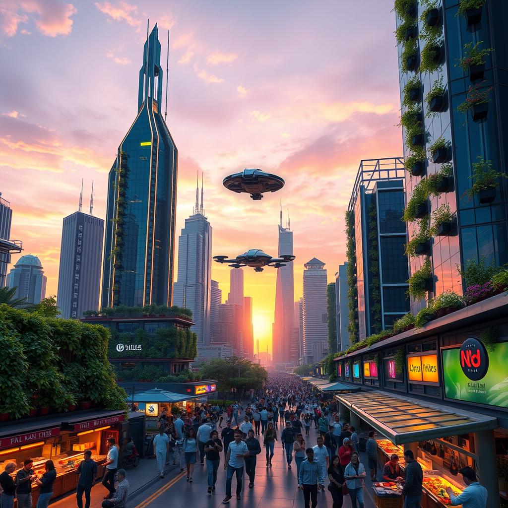A stunning 3D rendering of a futuristic cityscape at sunset, showcasing towering skyscrapers with neon lights, lush vertical gardens on buildings, and bustling streets filled with diverse people enjoying an urban lifestyle