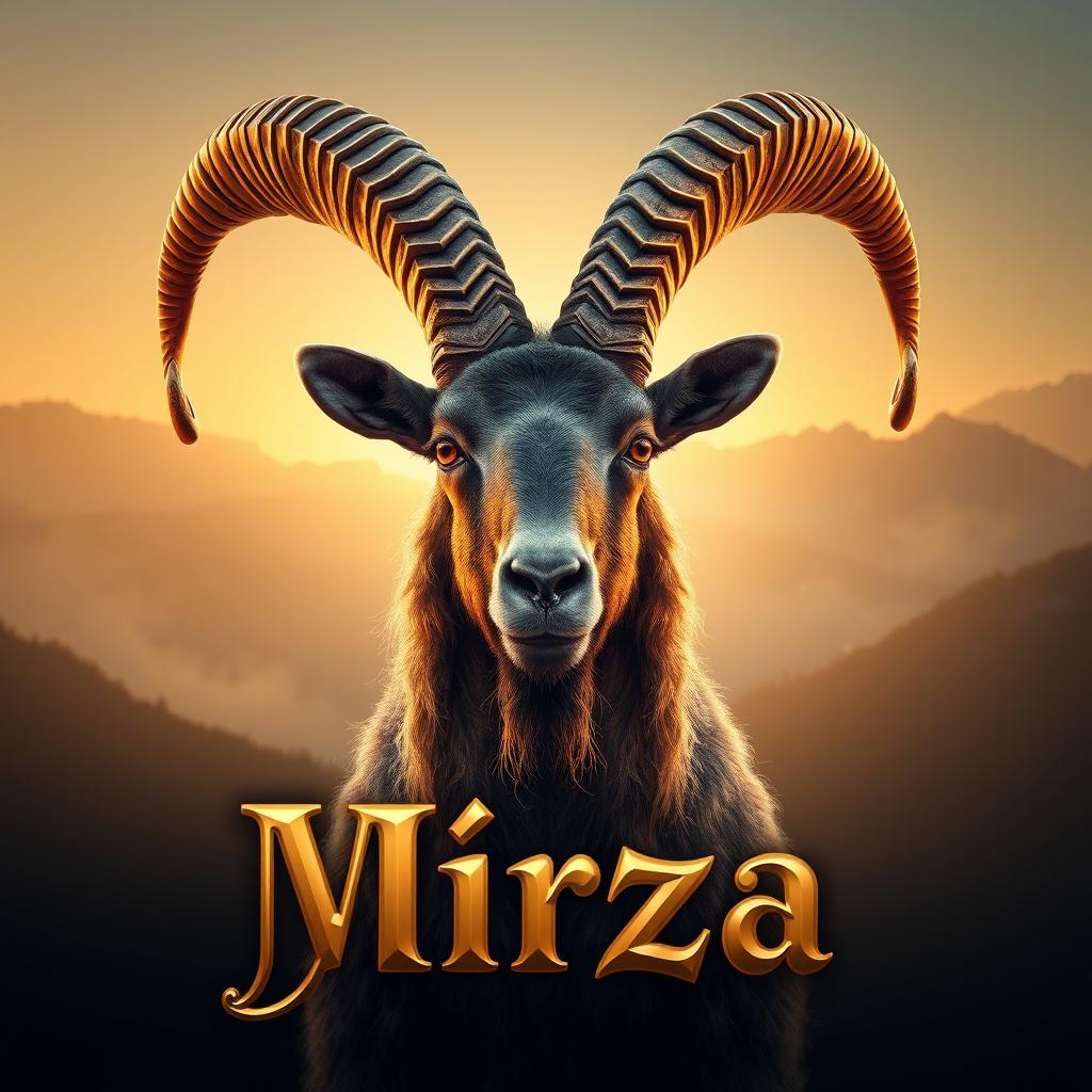 A majestic Markhor goat with large, intricate spiral horns adorned with golden metallic highlights