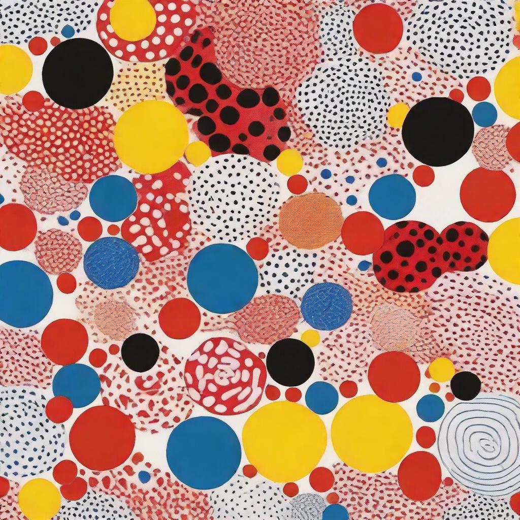 Develop a striking visual advertisement for a Yayoi Kusama Print Collection, showcasing exclusive prints inspired by her iconic exhibitions. The ad should exude the vibrant energy and unique vision of Kusama's artwork.