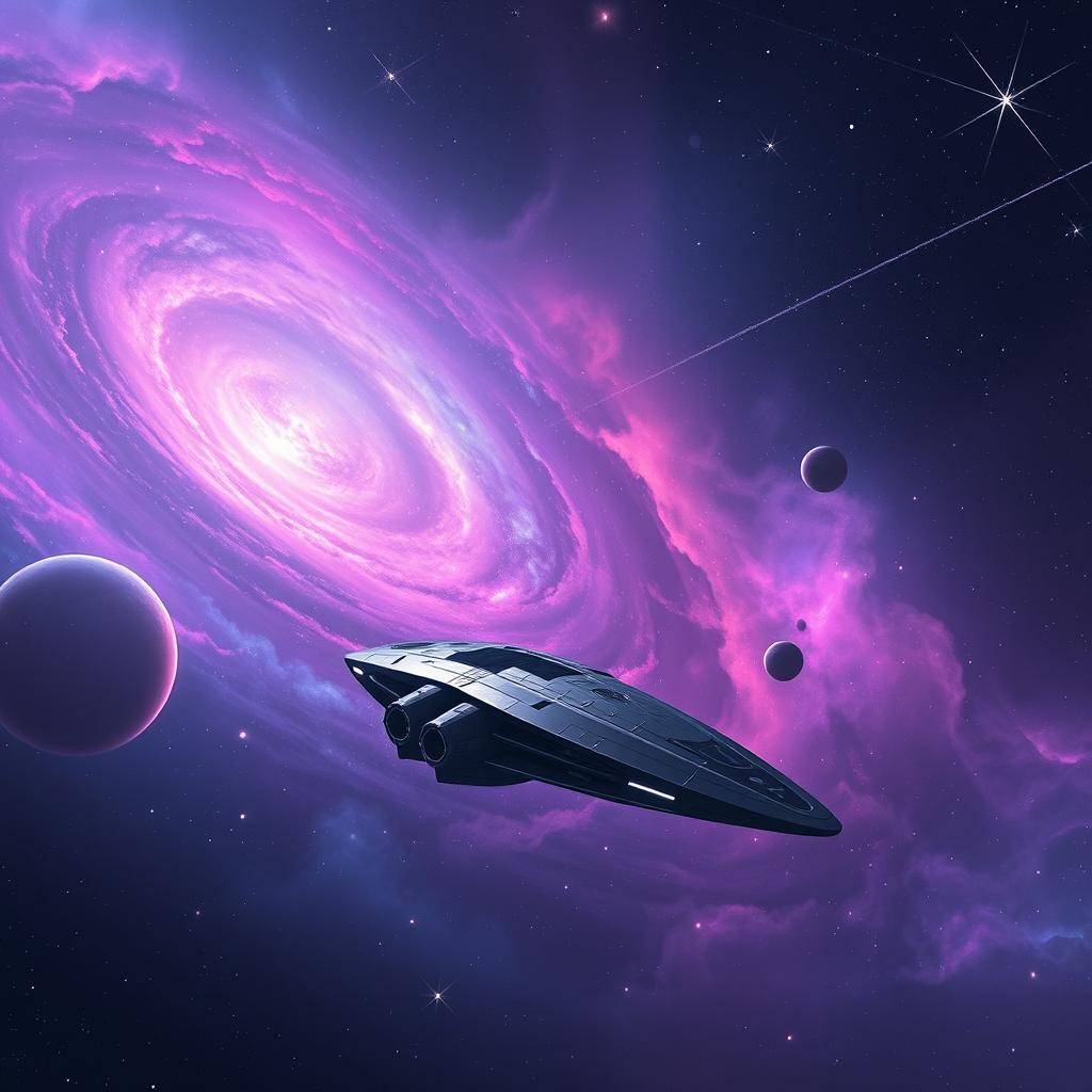 A mesmerizing scene set in a stunning galaxy, with vibrant nebulas in shades of purple, blue, and pink swirling in the background