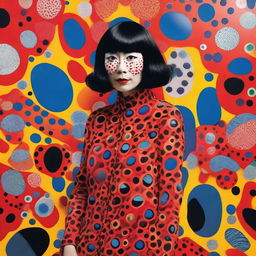 Develop a striking visual advertisement for a Yayoi Kusama Print Collection, showcasing exclusive prints inspired by her iconic exhibitions. The ad should exude the vibrant energy and unique vision of Kusama's artwork.