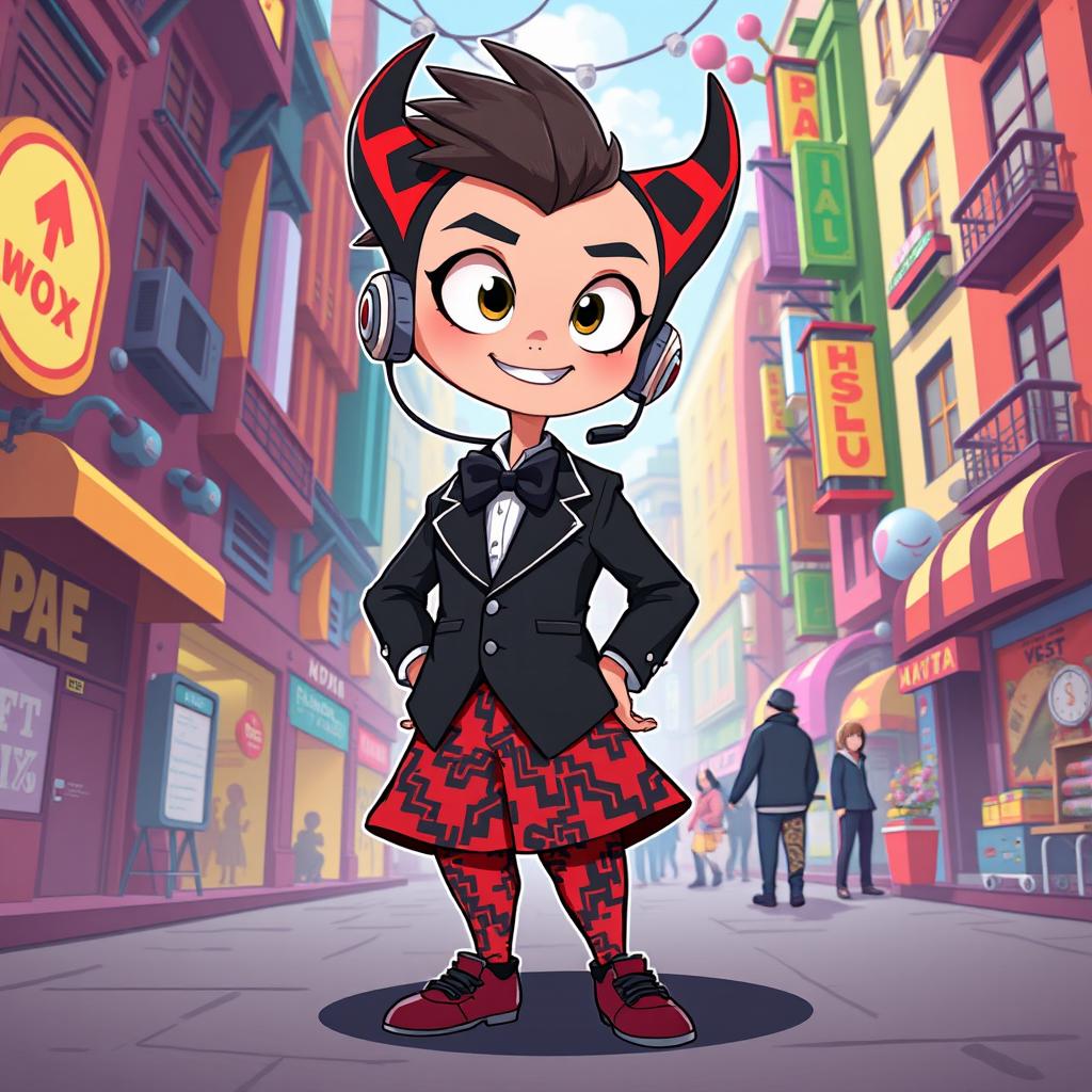 A character design of a child who embodies the fusion of Vox and Alastor from Hazbin Hotel, showcasing attributes of both characters