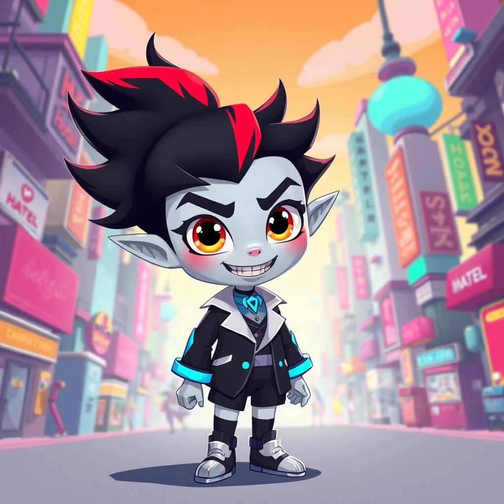 A character design of a child that combines the traits of Vox and Alastor from Hazbin Hotel, illustrated in the show’s distinctive art style