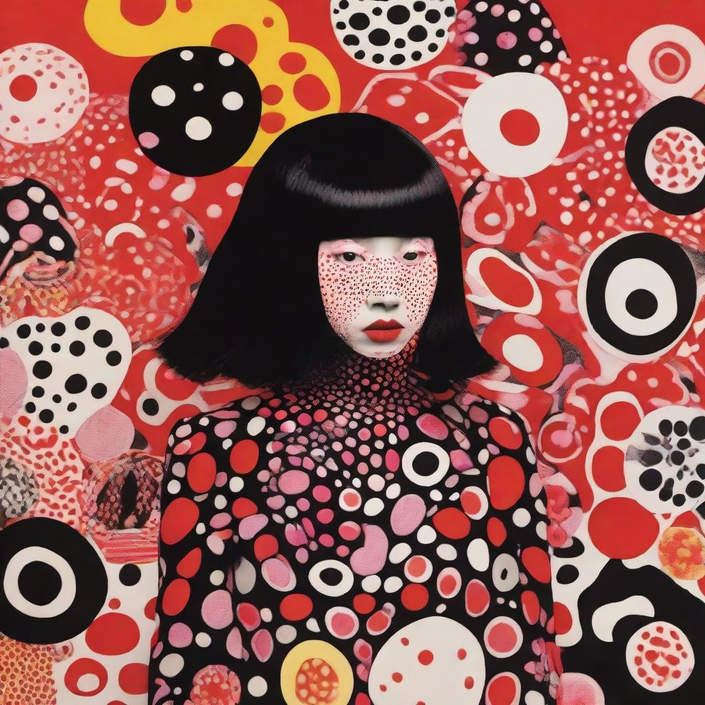 Develop a striking visual advertisement for a Yayoi Kusama Print Collection, showcasing exclusive prints inspired by her iconic exhibitions. The ad should exude the vibrant energy and unique vision of Kusama's artwork.