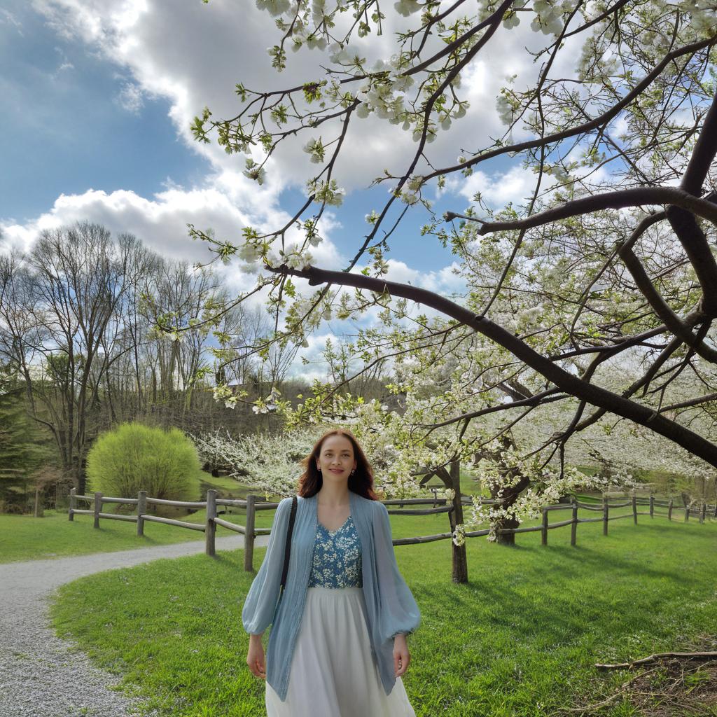 Edit this photo by changing the sky to a clear, bright blue with some soft white clouds. Add more white blossoms to all the branches of the tree, making it look like it’s in full spring bloom. Also, add soft white flower petals gently falling throughout the scene, giving it a dreamy, magical springtime effect.