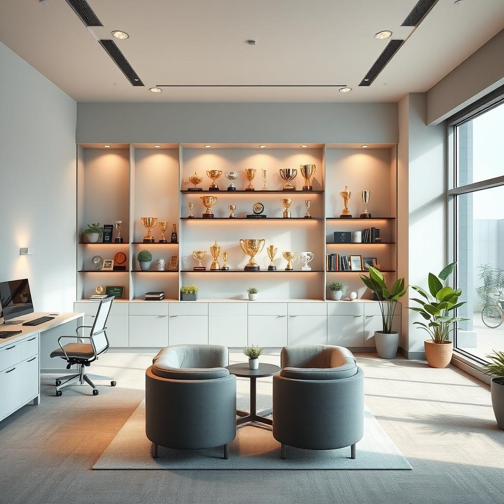 A comfortable and modern office interior design featuring a sophisticated layout that incorporates an elegant trophy display area