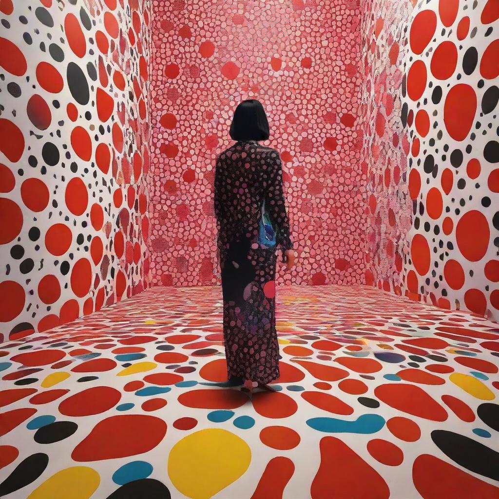 Construct a spellbinding ad for a Yayoi Kusama Print Collection, flaunting exclusive prints inspired by the iconic Gallery Wall exhibitions. Ensure the campaign overflows with the radiant energy and distinctive perspective of Kusama's artwork.