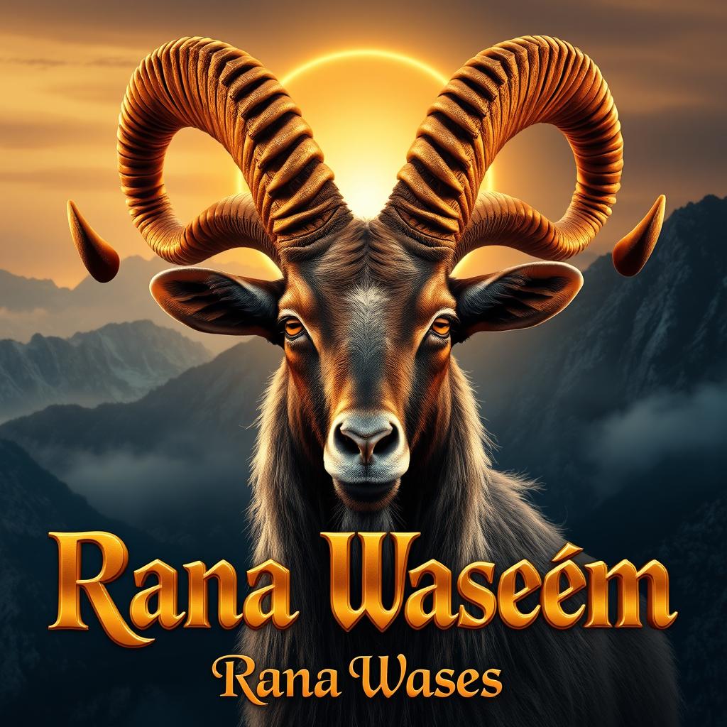 A majestic Markhor goat with large, intricate spiral horns, adorned with golden metallic highlights and hyper-detailed fur