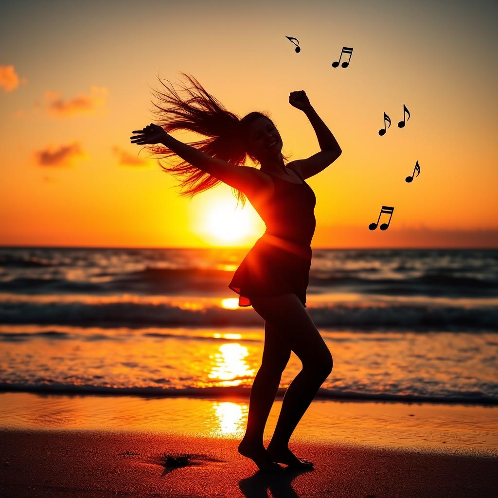 A stunning silhouette of a girl dancing joyfully on the beach during sunset, with the vibrant sun setting over the sea in the background