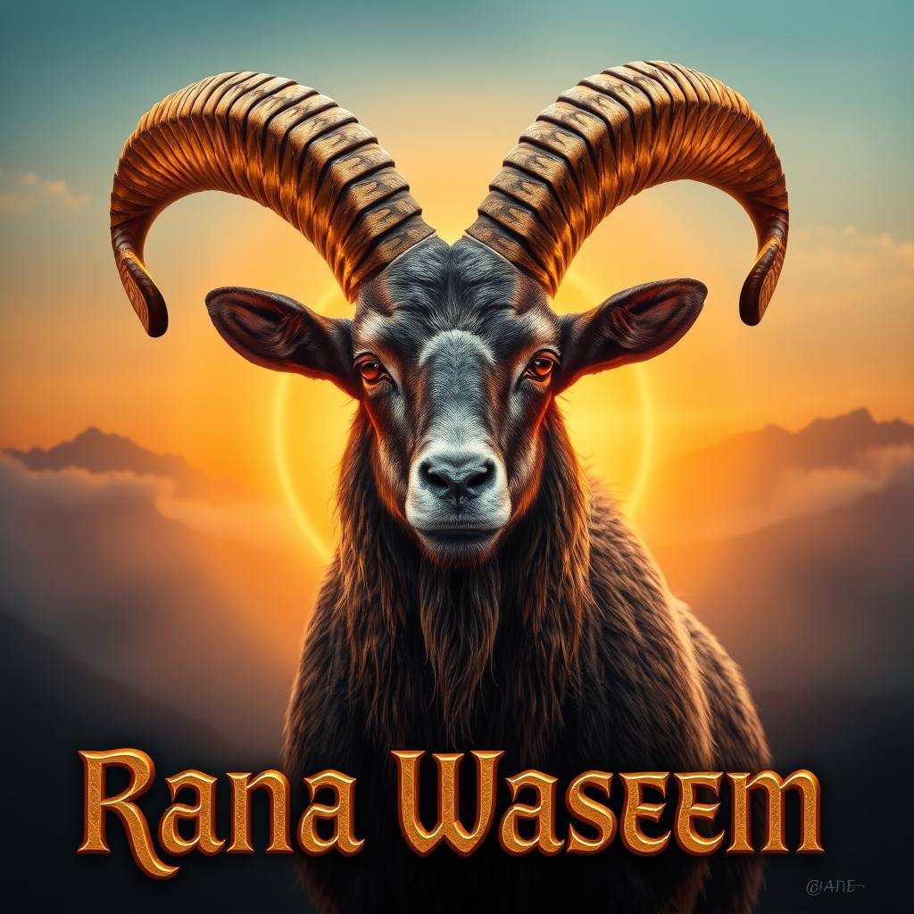 A majestic Markhor goat with large, intricate spiral horns adorned with golden metallic highlights, featuring hyper-detailed fur