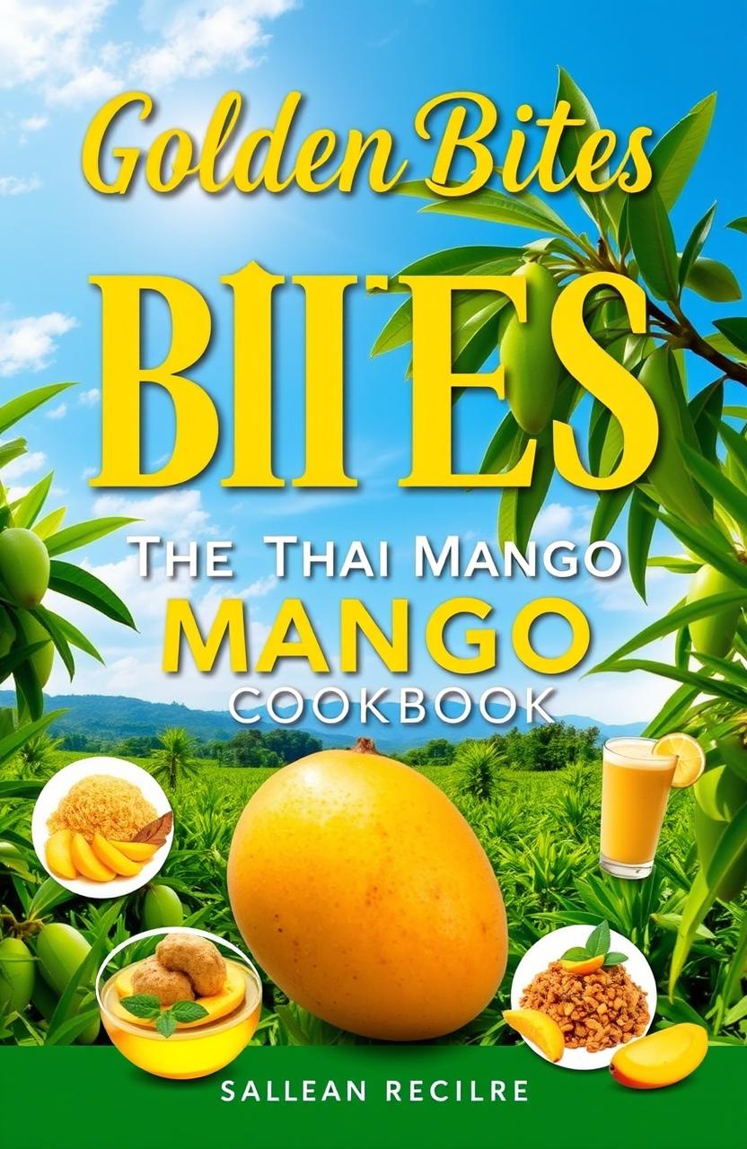 A beautifully designed cookbook cover titled 'Golden Bites: The Thai Mango Cookbook' featuring vibrant imagery of the Nam Dok Mai mango, known for its sweet flavor and smooth texture
