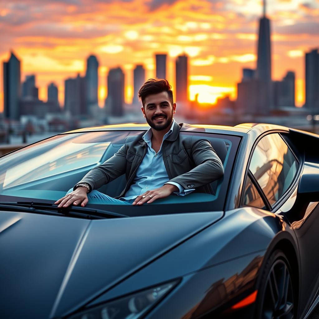 A person sitting casually in a sleek Lamborghini, the sun reflecting off the shiny surface of the car