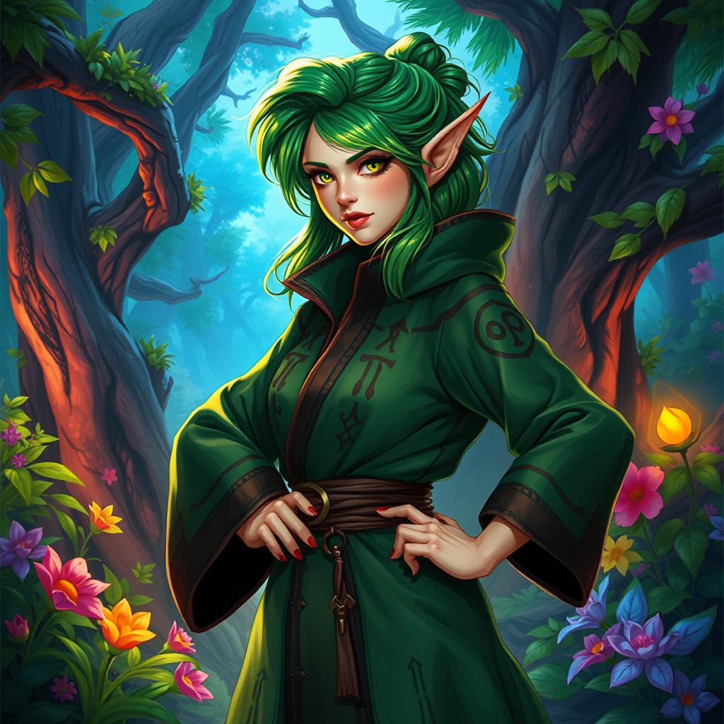 A female elf with vibrant green hair styled elegantly, wearing a beautifully detailed rune-embroidered robe that glows subtly with magical symbols