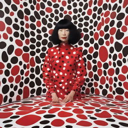 Construct a spellbinding ad for a Yayoi Kusama Print Collection, flaunting exclusive prints inspired by the iconic Gallery Wall exhibitions. Ensure the campaign overflows with the radiant energy and distinctive perspective of Kusama's artwork.