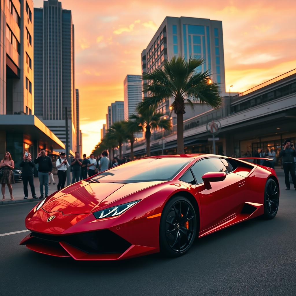 A stunning scene featuring a sleek, luxury Lamborghini parked on a city street at sunset