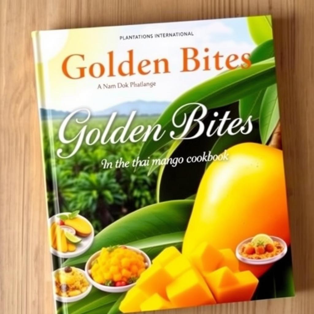 A stunning cookbook cover titled 'Golden Bites: The Thai Mango Cookbook' from 'Plantations International', featuring the delicious Nam Dok Mai mango