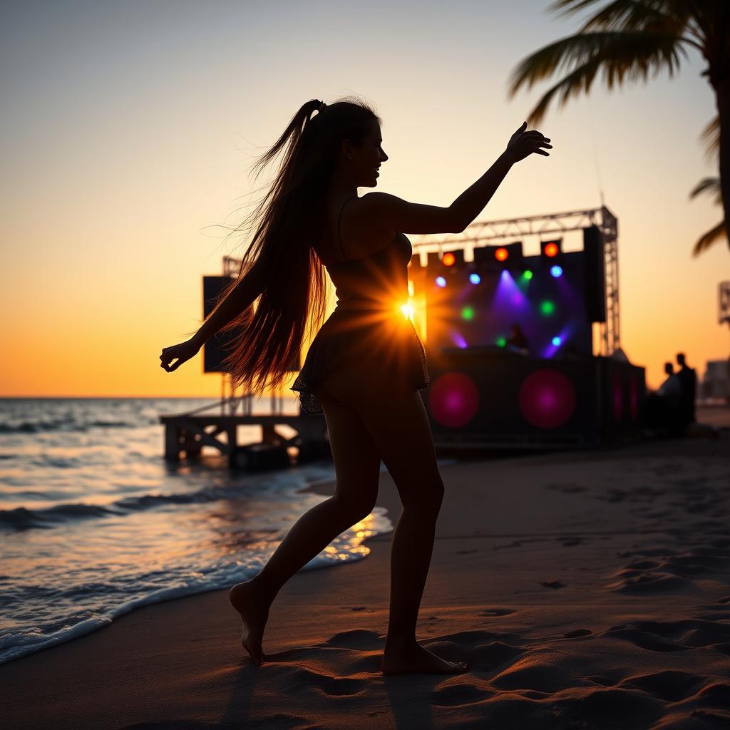 A silhouette of a girl dancing on a sandy beach during sunset, with the sun setting low over the horizon and reflecting golden light on the calm sea