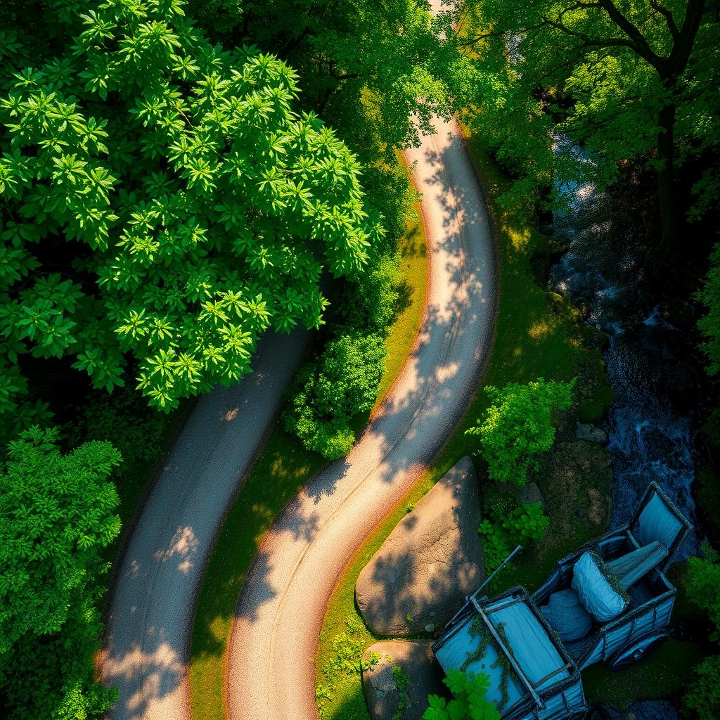 A top-down view of a serene forest road winding alongside a river