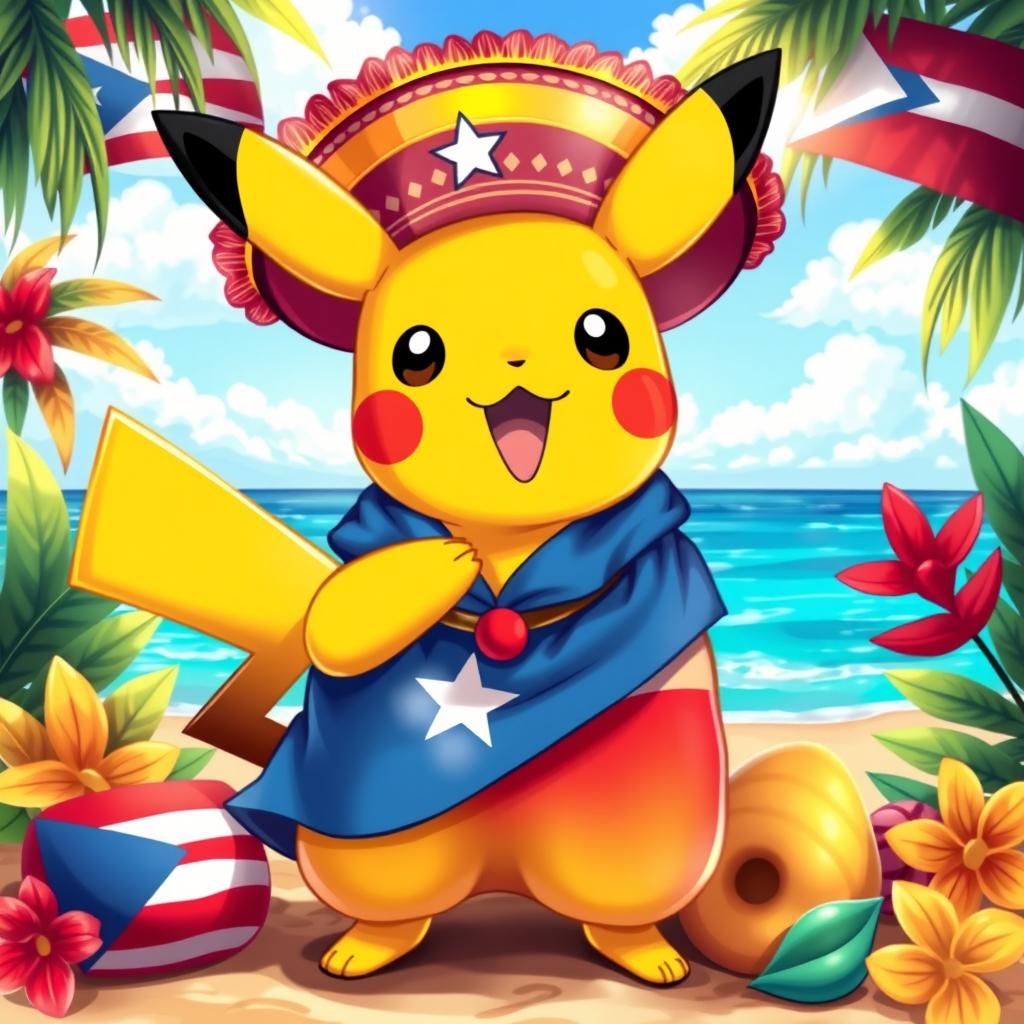 A vibrant and colorful illustration of Pikachu designed in a Puerto Rican style, wearing traditional Puerto Rican clothing, featuring a beautiful Caribbean beach background with tropical plants