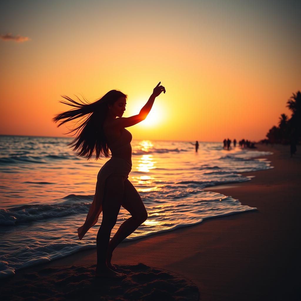 A dramatic silhouette of a DJ dancing on the beach at sunset