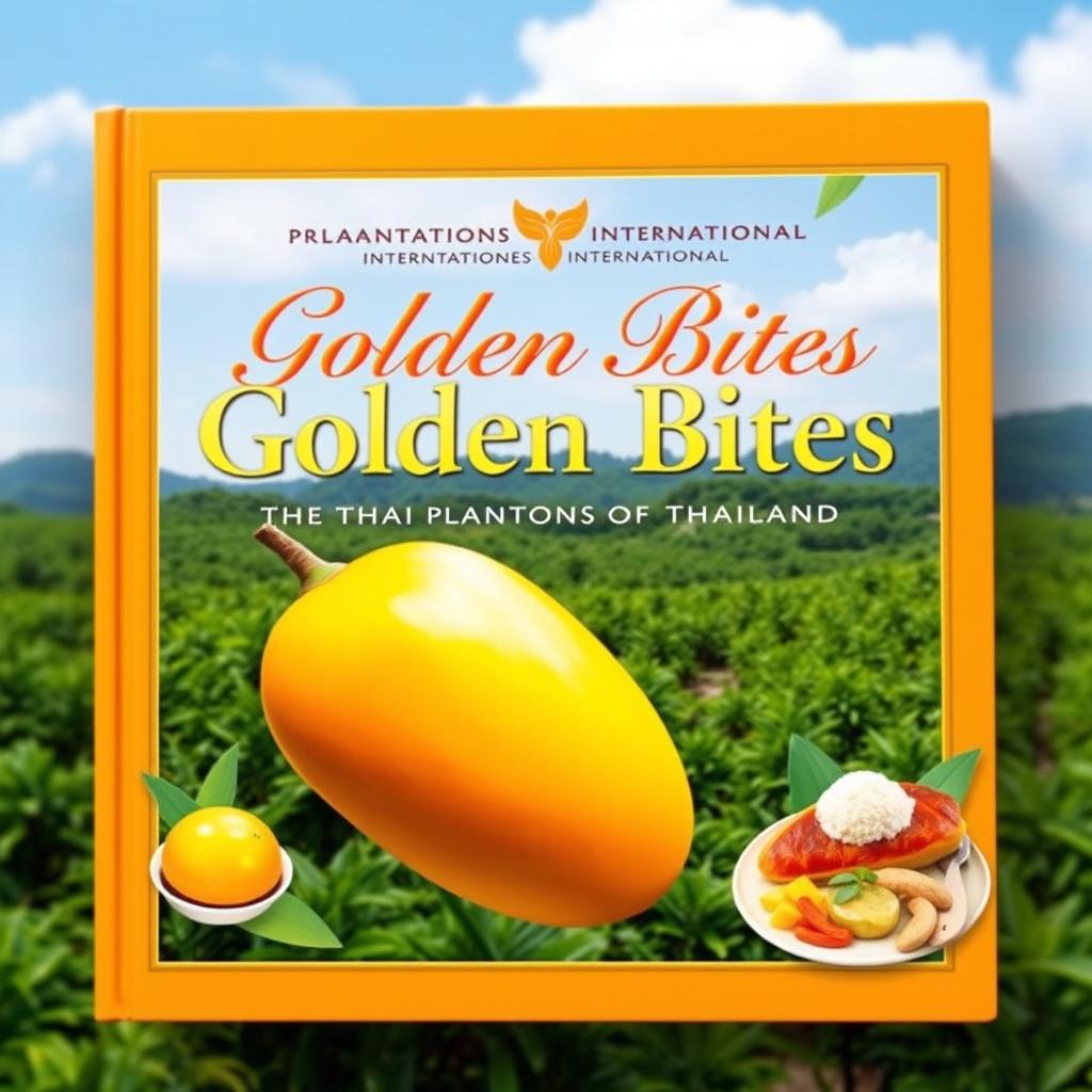A captivating cookbook cover for 'Golden Bites: The Thai Mango Cookbook' published by 'Plantations International'