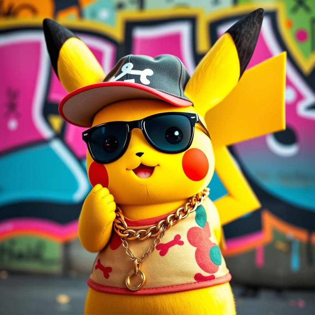 A charming Pikachu with a mischievous, gangsta style, wearing a stylish cap turned backward, oversized gold chains, and a colorful streetwear outfit