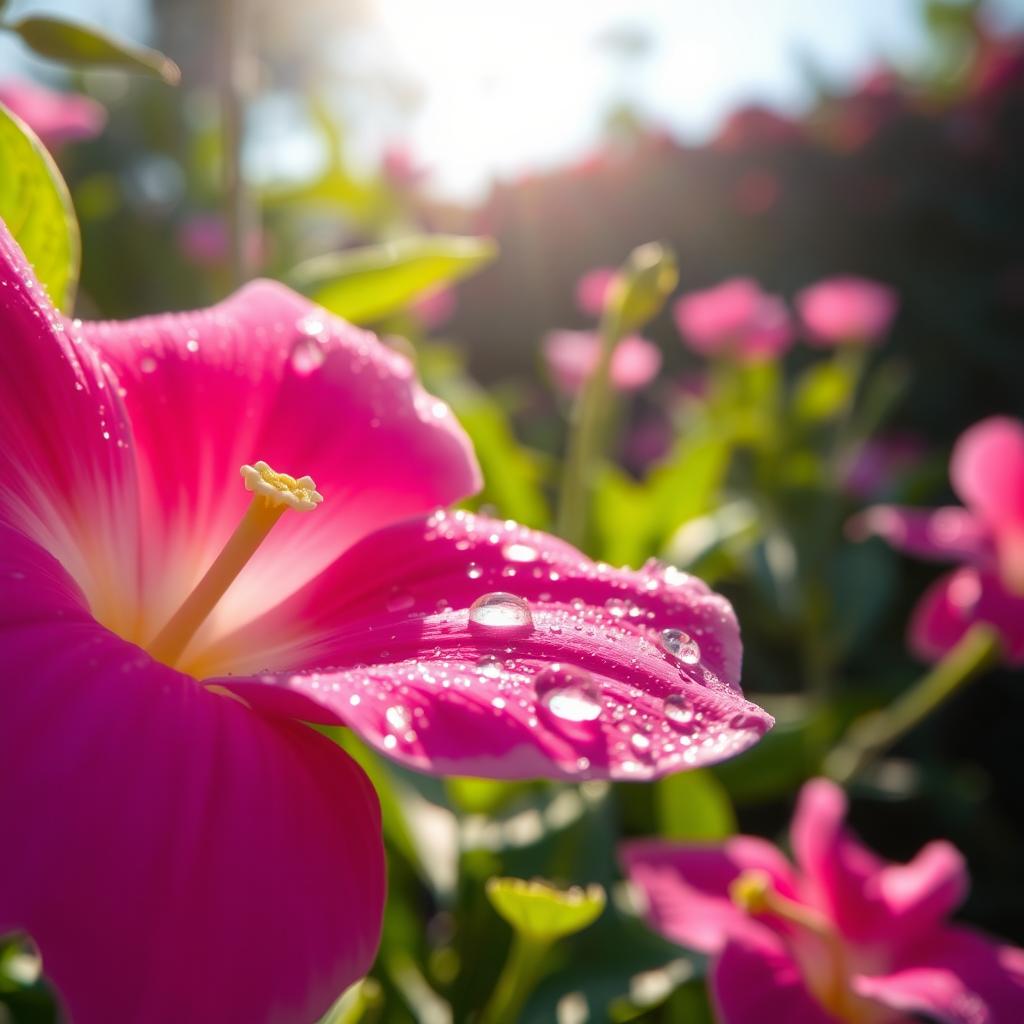 A close-up artistic representation of a pink flower in a garden, with dewdrops glistening like pearls on the petals