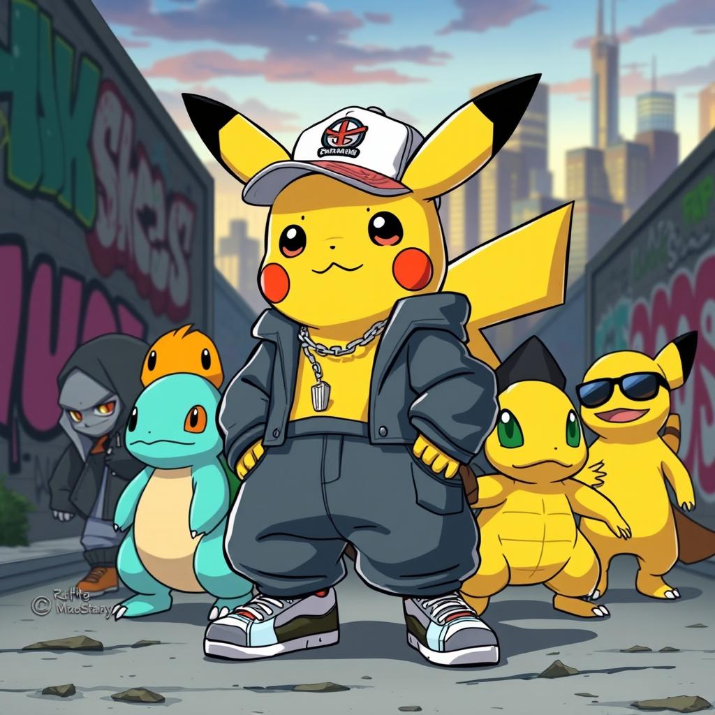 A cool, street-style Pikachu dressed in urban gang attire, surrounded by a crew of similar stylish Pokémon