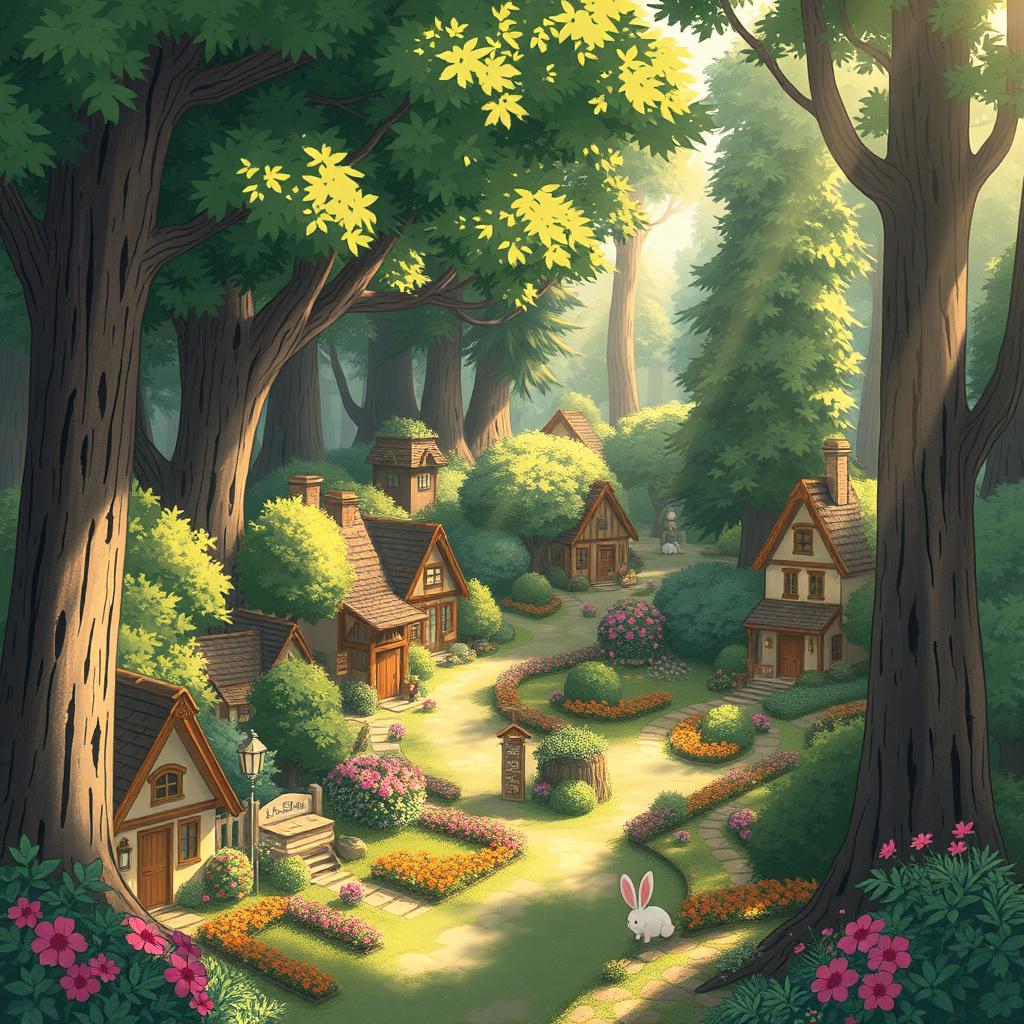 A cozy village nestled in a lush forest, designed in the enchanting style of Studio Ghibli