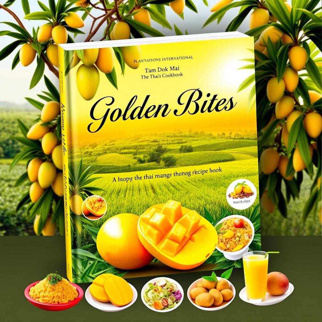 An eye-catching cookbook cover for 'Golden Bites: The Thai Mango Cookbook' published by 'Plantations International'