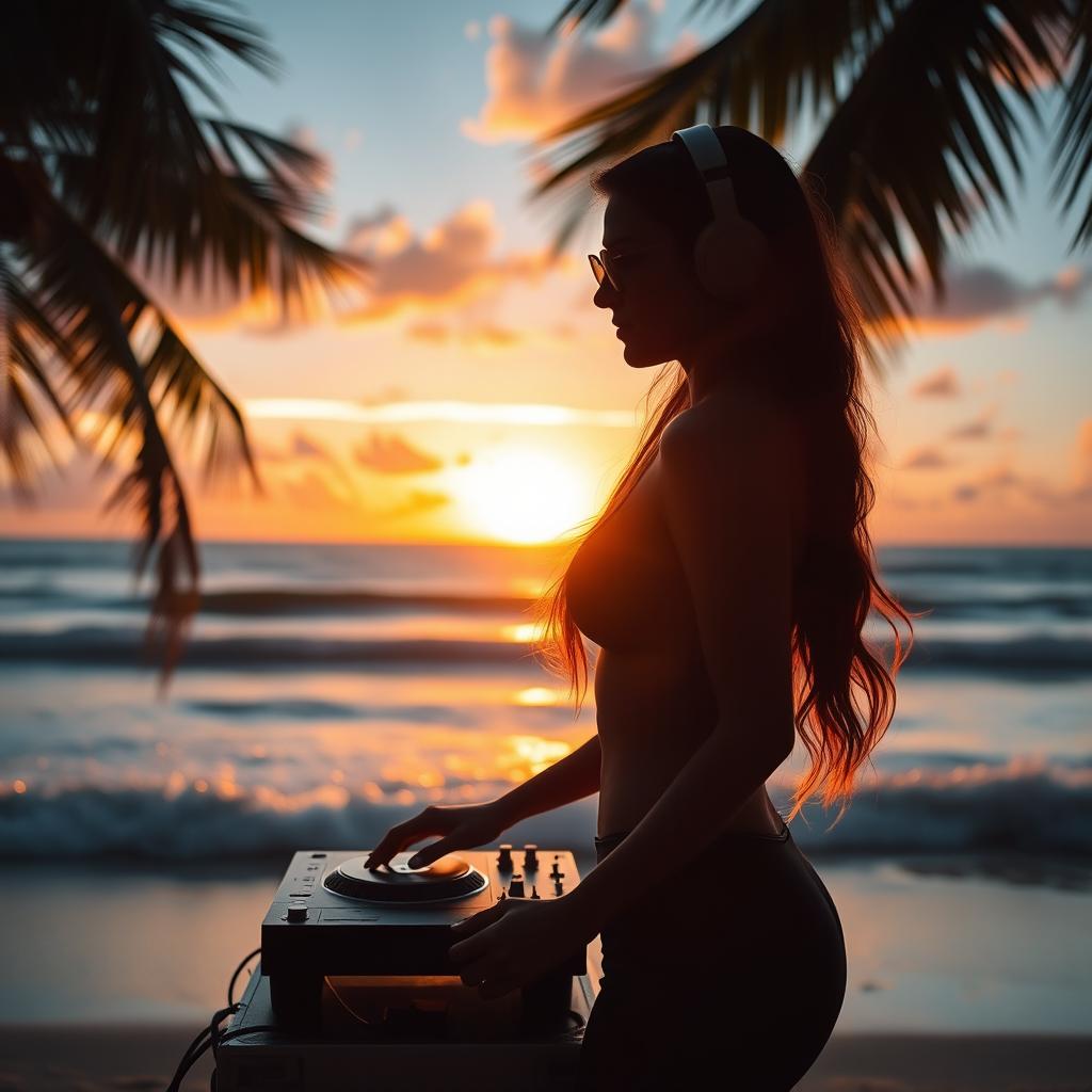 A captivating silhouette of a female DJ standing on a beach at sunset, with the sun setting over the horizon casting vibrant colors across the sky