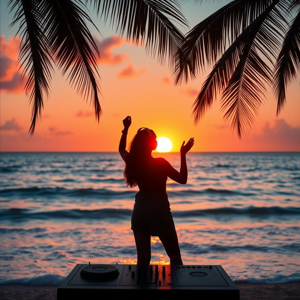 A stylish silhouette of a female DJ standing on a beach during sunset, surrounded by the beautiful ocean