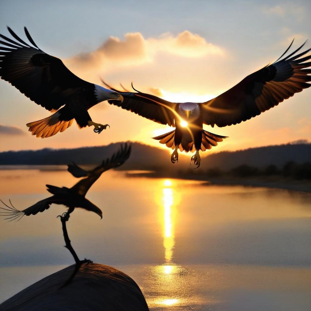 Make the eagle much more golden and make the birds on the right much more visible