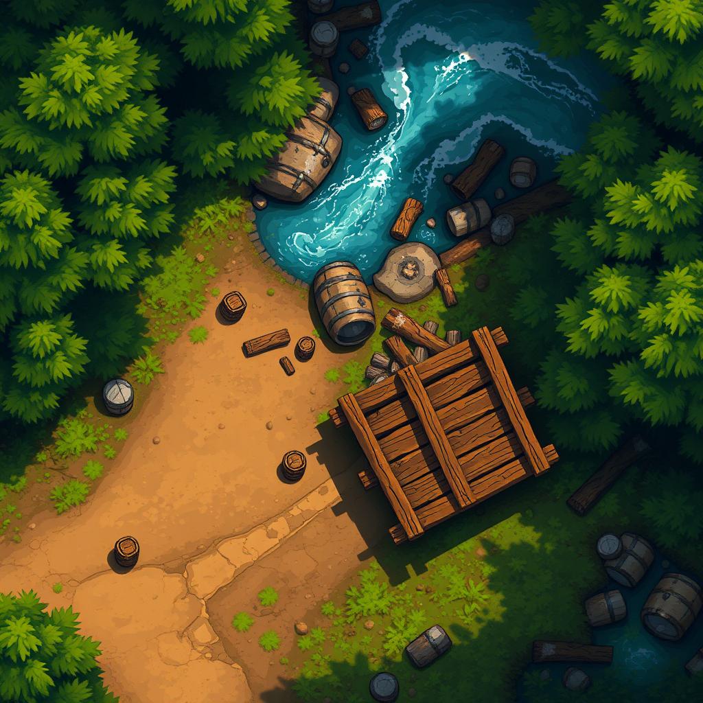 A detailed top-down view of a forest road next to a river with a flipped cart nearby
