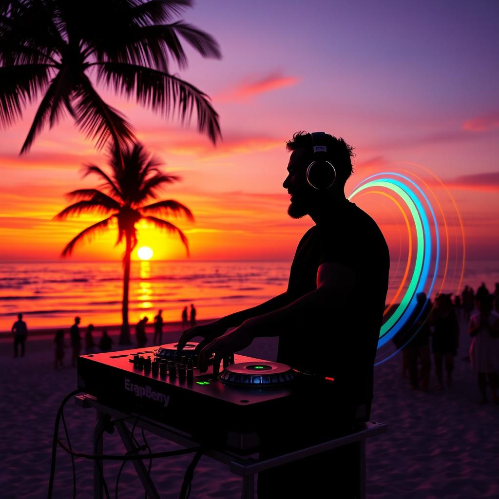 A striking silhouette of a DJ standing behind a turntable on a beach during sunset