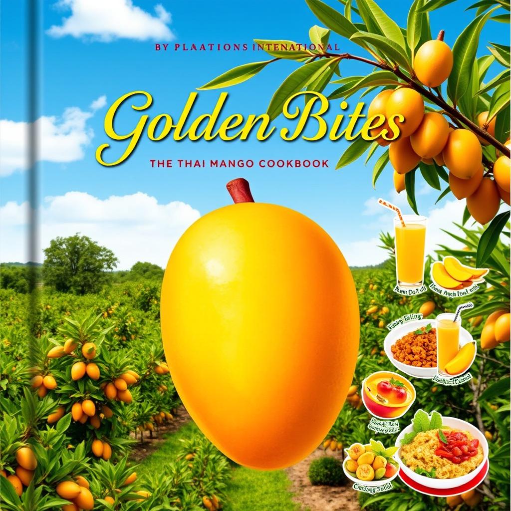 An enticing cookbook cover for 'Golden Bites: The Thai Mango Cookbook' published by 'Plantations International'