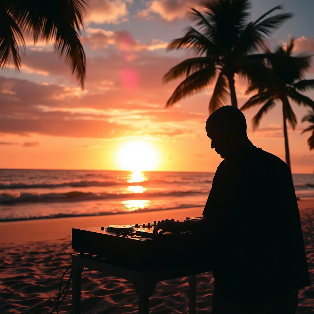 A silhouette of a DJ spinning records on the beach at sunset, with the vibrant sun setting over the horizon